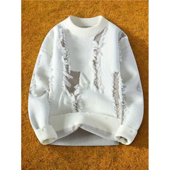 NWT Men's White Distressed Sweater | Ripped Knit Pullover - Picture 6 of 6